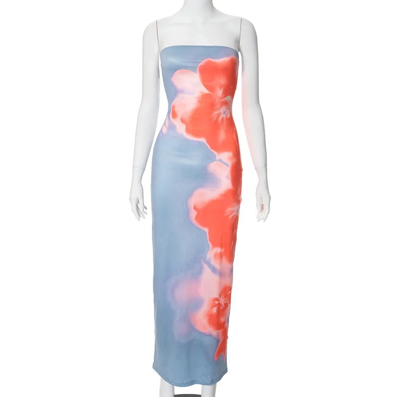 Vestido Tubo Maxi Estampado Sexy Sin Tirantes para Mujer, Escote Bardot, Espalda Descubierta, Elástico Largo, Verano Playa Y2K 5