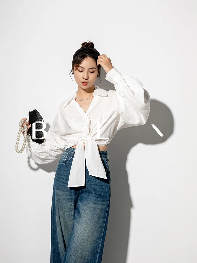 

Belin Women's Pure Color irt Lantern Sve Long Sve Tie Waist ort Sle Loose Fit Top Breathable Polyester Fiber