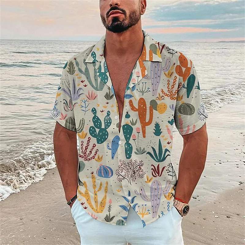 Coconut Tree Flower Cactus Shirt Men 3D Print Casual Hawaiian Summer Beach Button Shirt Lapel Blouse Short Sleeves Streetwear