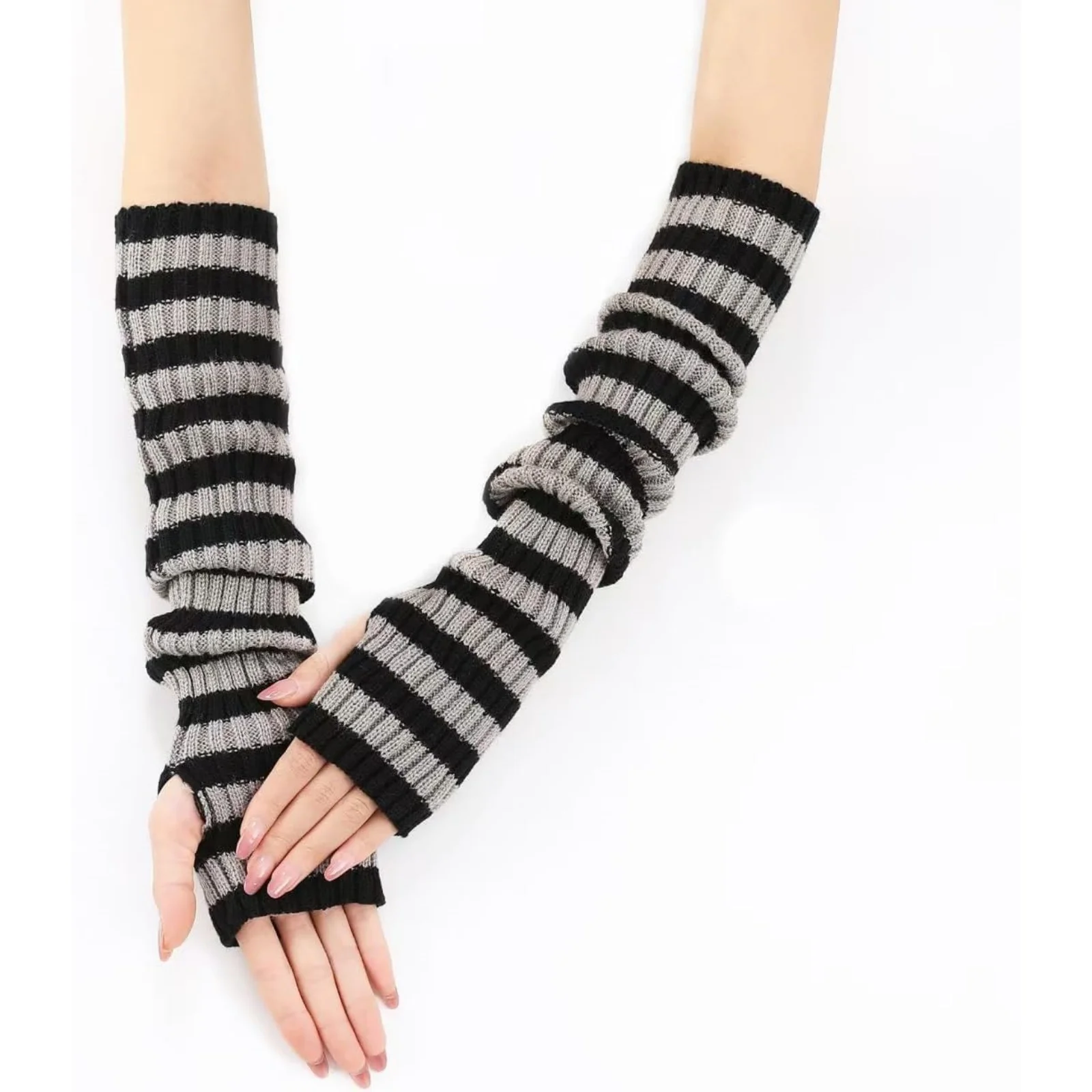 

A Pair OfAutumn Winter Striped Knitted Fingerless Gloves For Women-Long Arm Warmers, Fashion Grunge Style Cold Weather Accessory