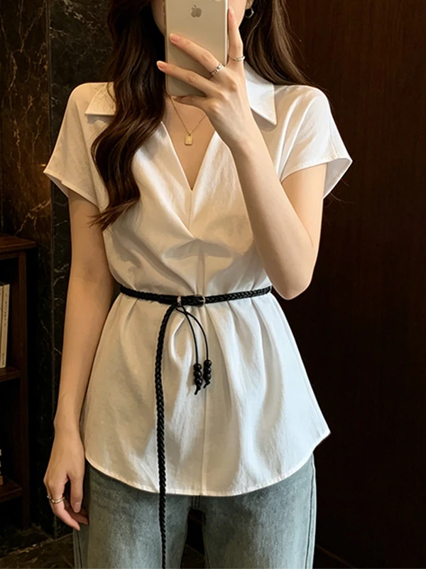 

Summer 2026 Korean Style Design V-Neck Shirt plus Size Waist-Cinching Belly-Covering Short Sleeve Top for plus Size Women