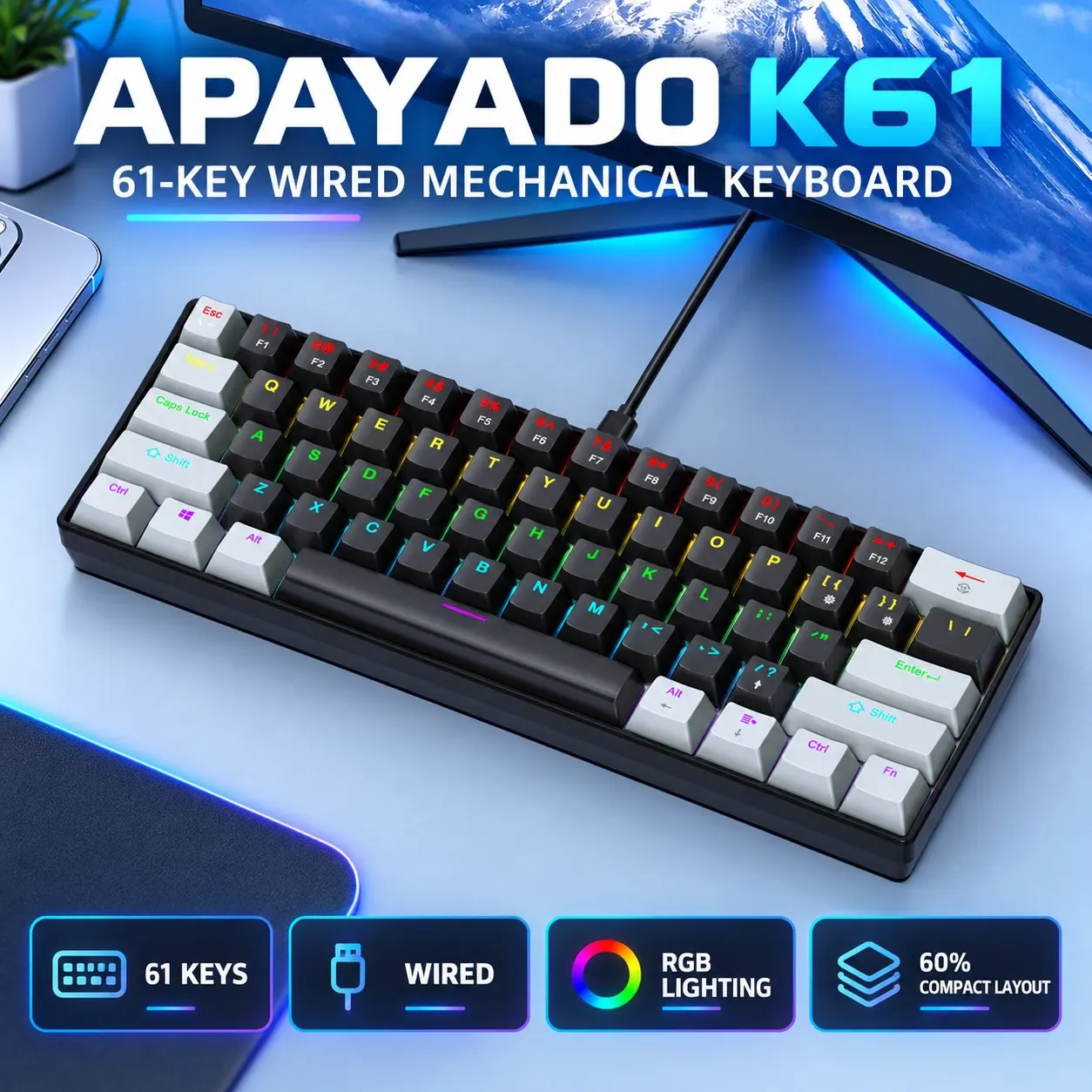 APAYADO K61 Keyboard, Blue Mechanical Switches or Red Mechanical Switches Switch Options, RGB Lighting Effects Lighting