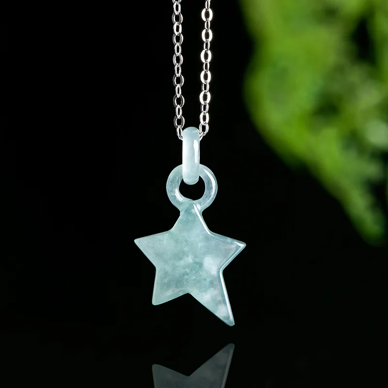 Blue Myanmar Jadeite Star Pendant Necklace 925 Silver Natural Gemstone Stone Burmese Jade Carved Amulet Luxury Charm