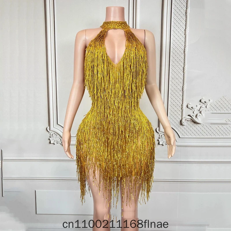 Fine Shimmering Tassel Rhinestone Hollow Hanging Neck Slim Fit Hip Hugging Skirt Dance Party Cross Dressing Party Evening Dress
