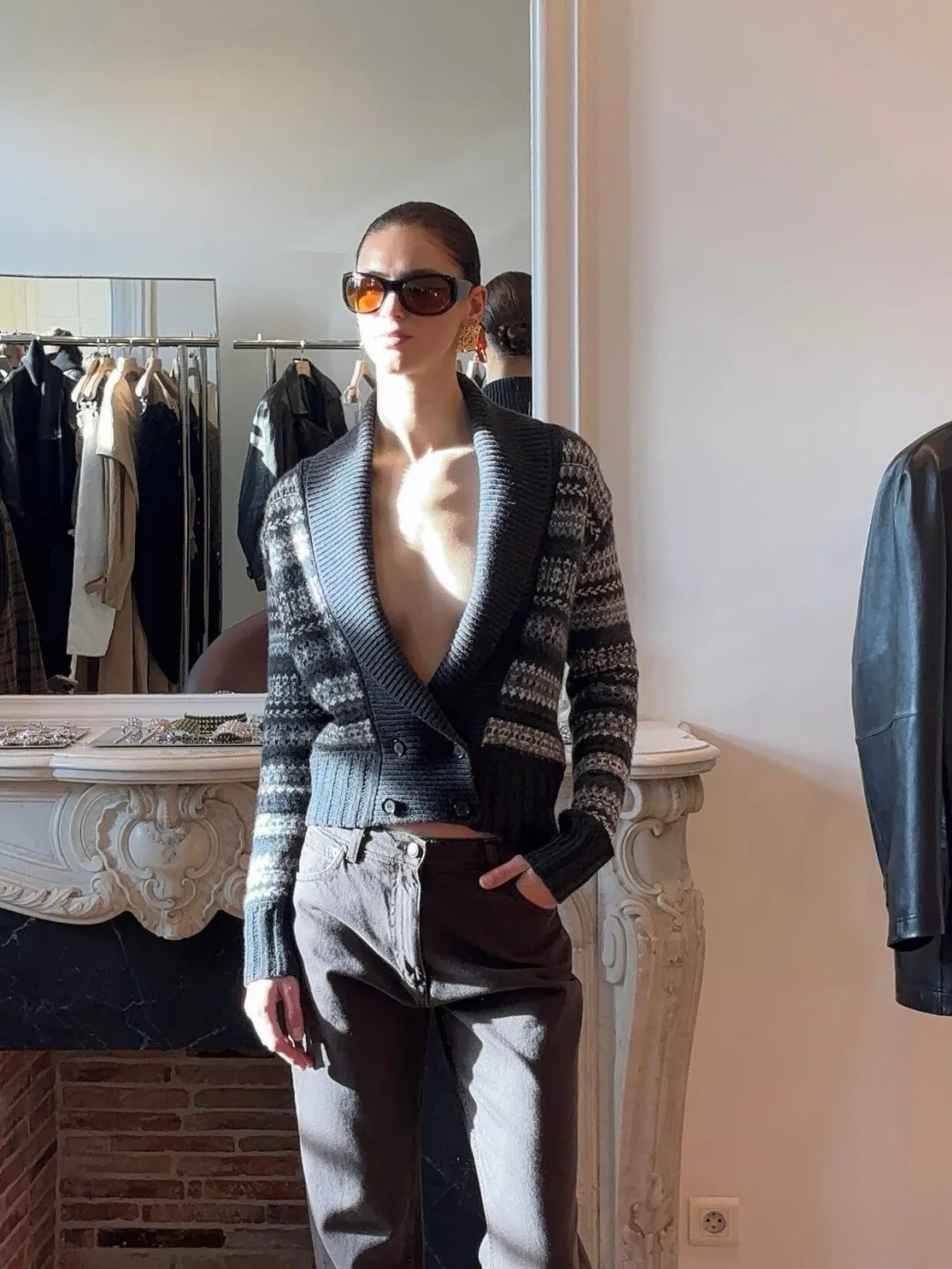 High End Women 100% Wool Cardigan Black Taupe Fair Isle Knit Double Breasted Shawl Collar Casual Winter Outerwear