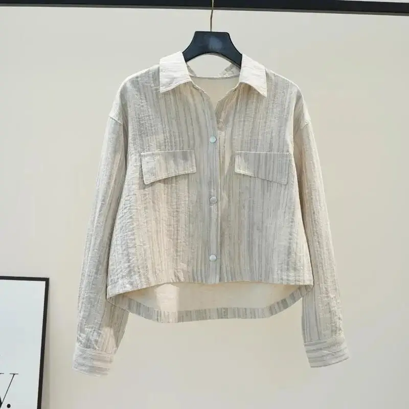 

Grey Striped Shirt Women's Loose Short Shirt 2025 Spring And Autumn Artistic Style Long Sleeved Casual Top