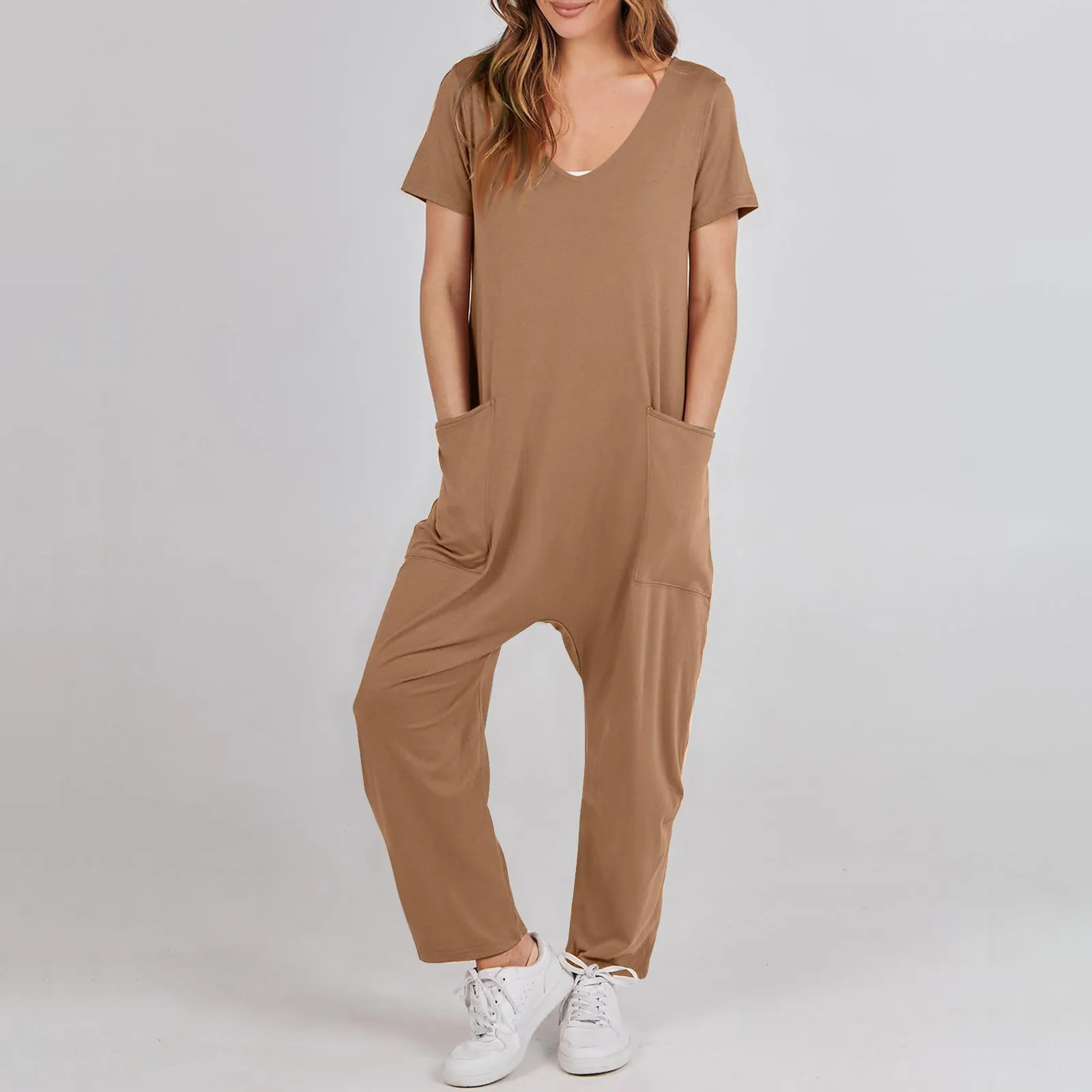 Ladies Pocket Onesie Suspender Pants Trousers Casual Female Women Short Sleeve One-Piece Rompers Overalls Jumpsuits Streetwear