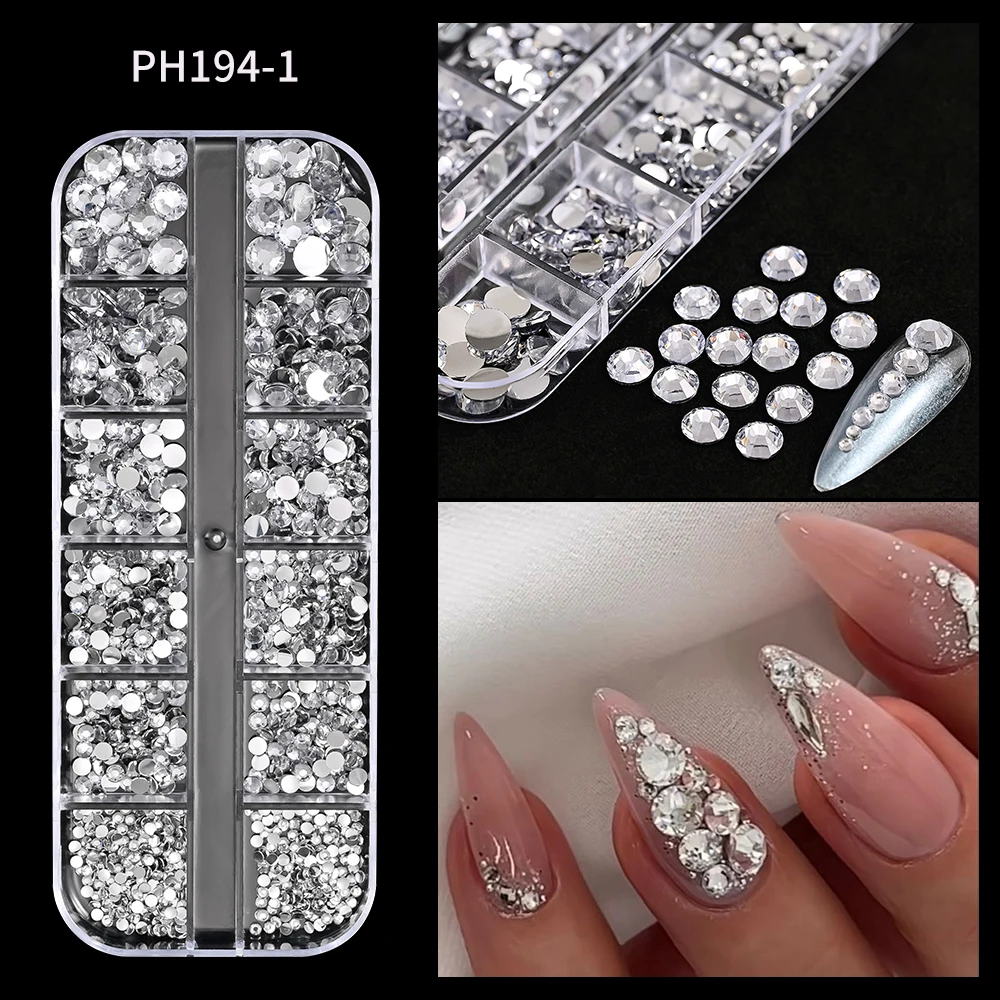 12Grid Shiny Silver Half Round Metal Caviar Bead Nail Rivets Charms 2/3/4/5/6/8mm Flatback Pearl Balls Nail Art Studs Y2k Decora