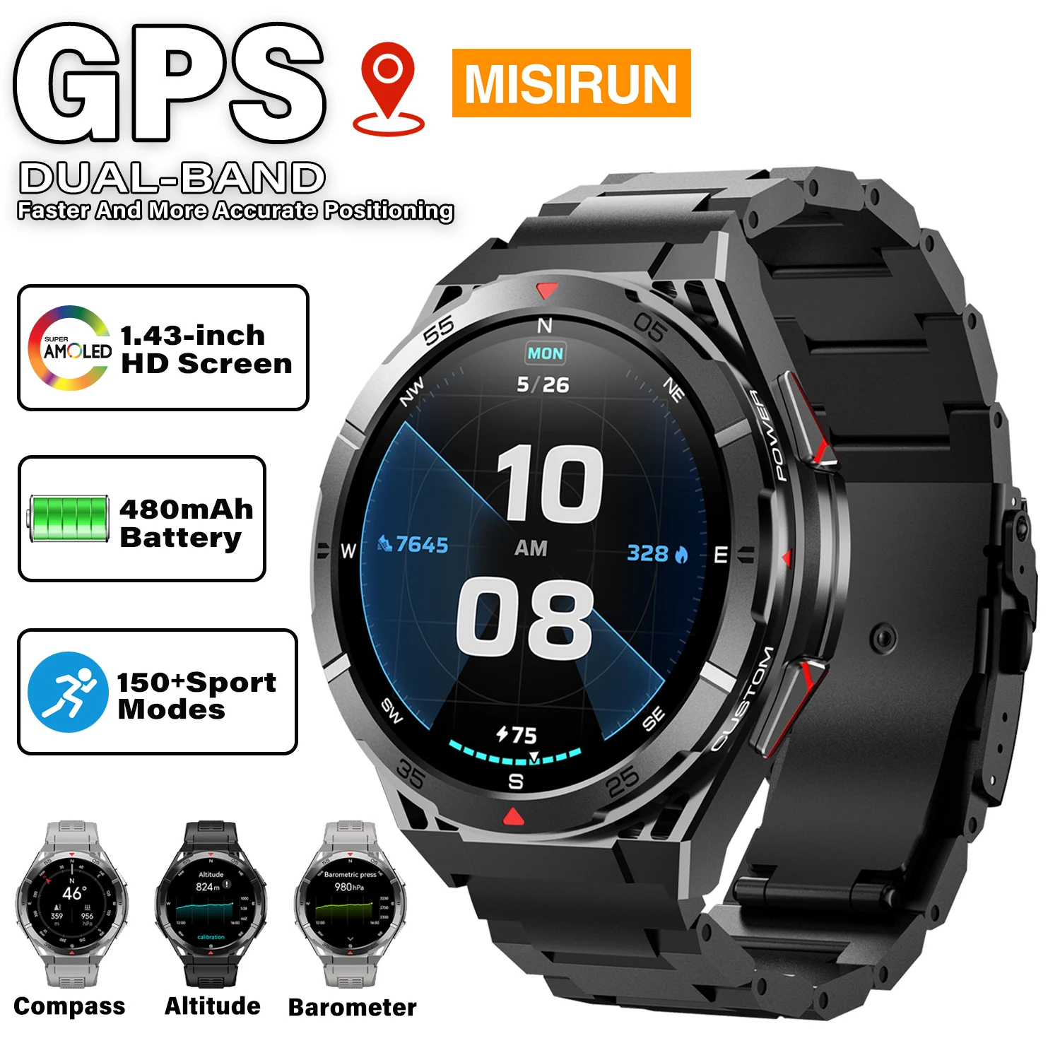 

Двухдиапазонные GPS-умные часы для мужчин, спортивные, водонепроницаемые, с компасом, для здоровья, аккумулятор 480 мАч, AMOLED HD-экран 1,43 дюйма, с функцией звонков, новые военные смарт-часы 2026 года