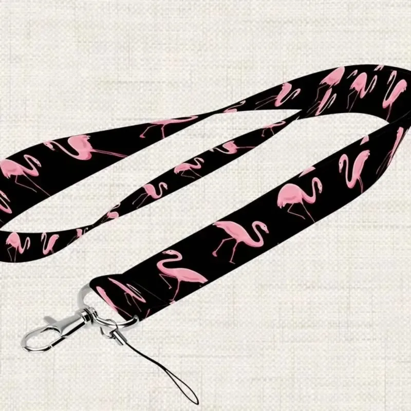 Flamingo Print Adjustable Necklace and Keychain - Black with Pink Flamingo Design, Durable Fabric with Metal Clasp