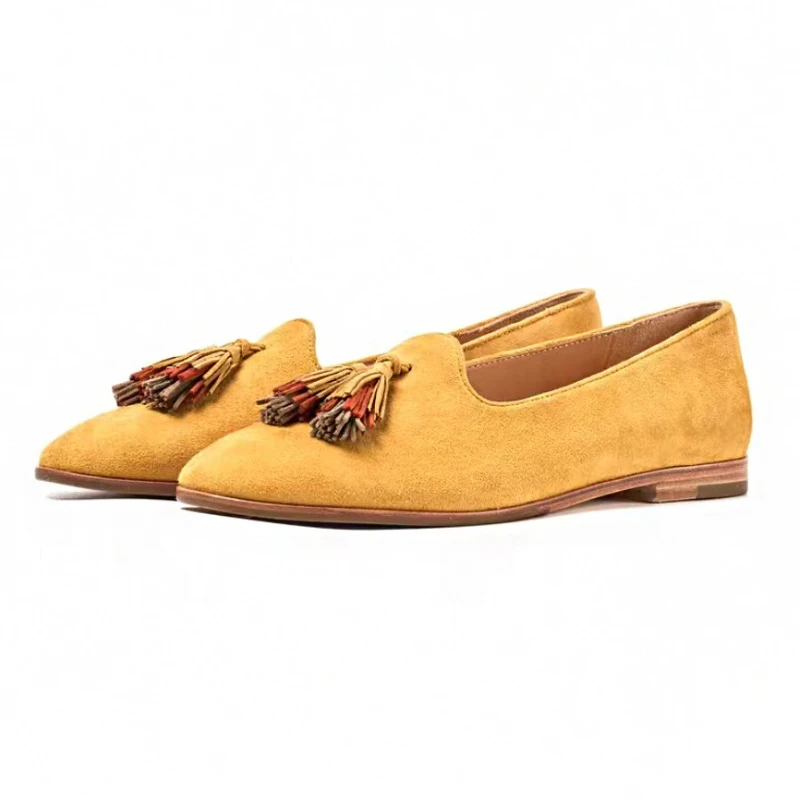 

Дизайнерские удобные туфли на плоской подошве, женские модные прогулочные туфли с бахромой и круглым носком, нескользящие легкие женские лоферы из искусственной замши