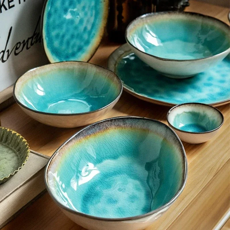 1PC Retro Special Shaped Cracked Glaze Sea Blue Ceramic Salad Bowl Plate Tableware Restaurant Commercial Dinner Plate