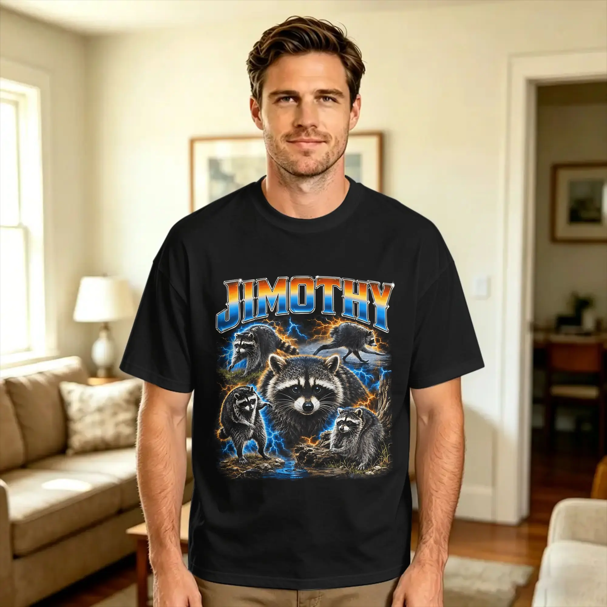 Jimothy Seattle Raccoon Retro Collage T-Shirt Mens  Vintage T-Shirts Summer Round Neck Trendy Cool Tees Print Big Size Clothes