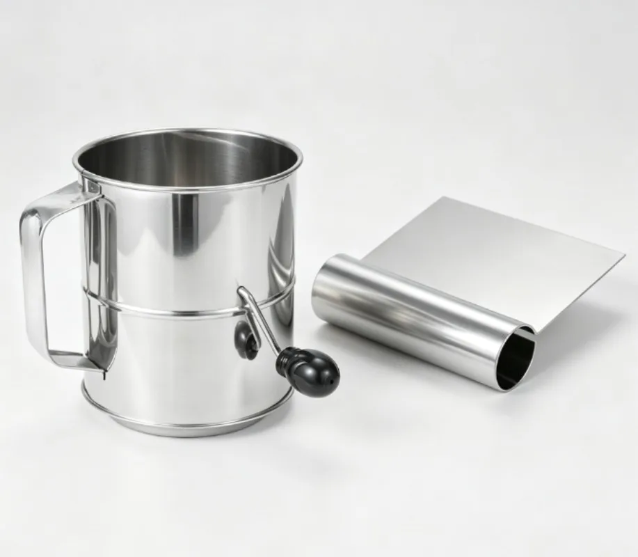 Stainless Steel Hand Crank Flour Sifter + Dough Scraper Set, Home Kitchen Baking Tool for Pastry, Cake, Bread Dough