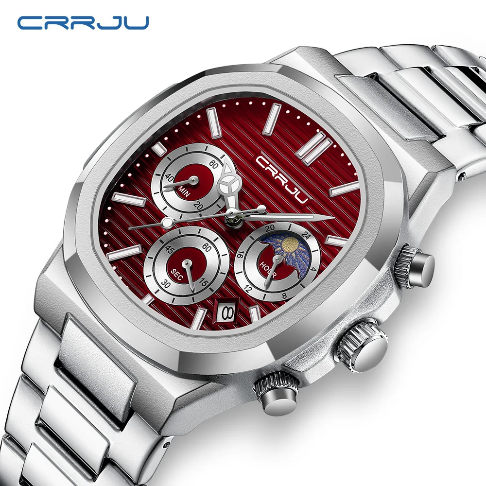 CRRJU Men\'s Watch Waterproof Luminous Wrist Watch Quartz Stainless Steel Watch for Men Pilot Top Brand Male Watches Chronograph