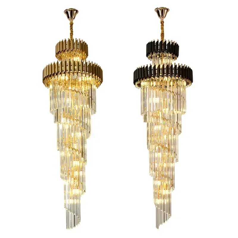 Long Crystal Stairwell Chandelier Gold/Black Luxury Villa Hotel Loft Iron Art Suspension Lights Contemporary Lighting Decoration