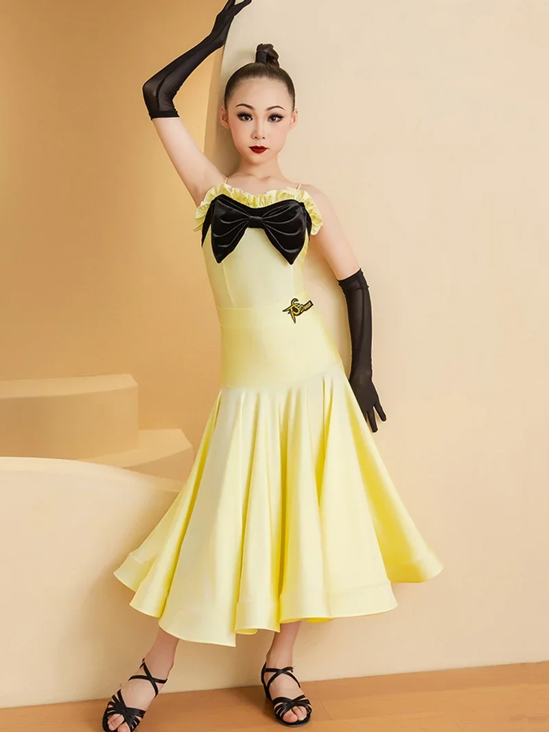 Kids Girls Strap Bowknot National Standard Dance Waltz Latin Dance Large Swing Skirt Performance Competition Costume Dancewear