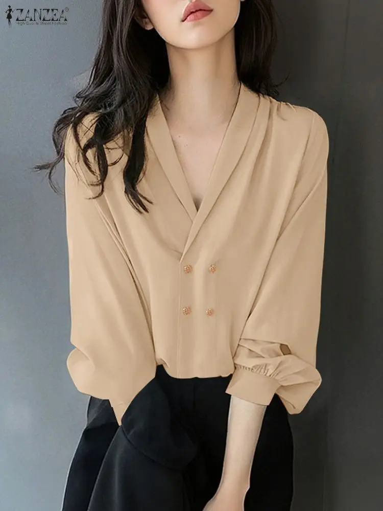 

ZANZEA Elegant Women V Neck Long Sleeve Office Blouse 2026 Spring Autumn Solid Shirt Stylish Tunic Tops Casual Buttons Blusas