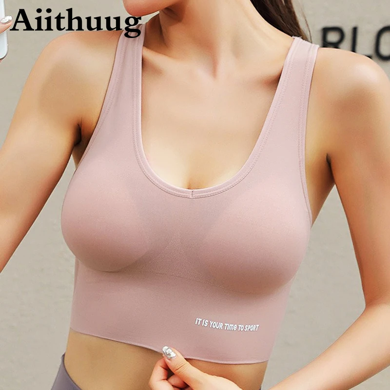 

Aiithuug 4 Row Buckle Racerback Yoga Bras With Letter Printed Women's Removable Padded Wireless Sports Bra Gym Pilates Underwear