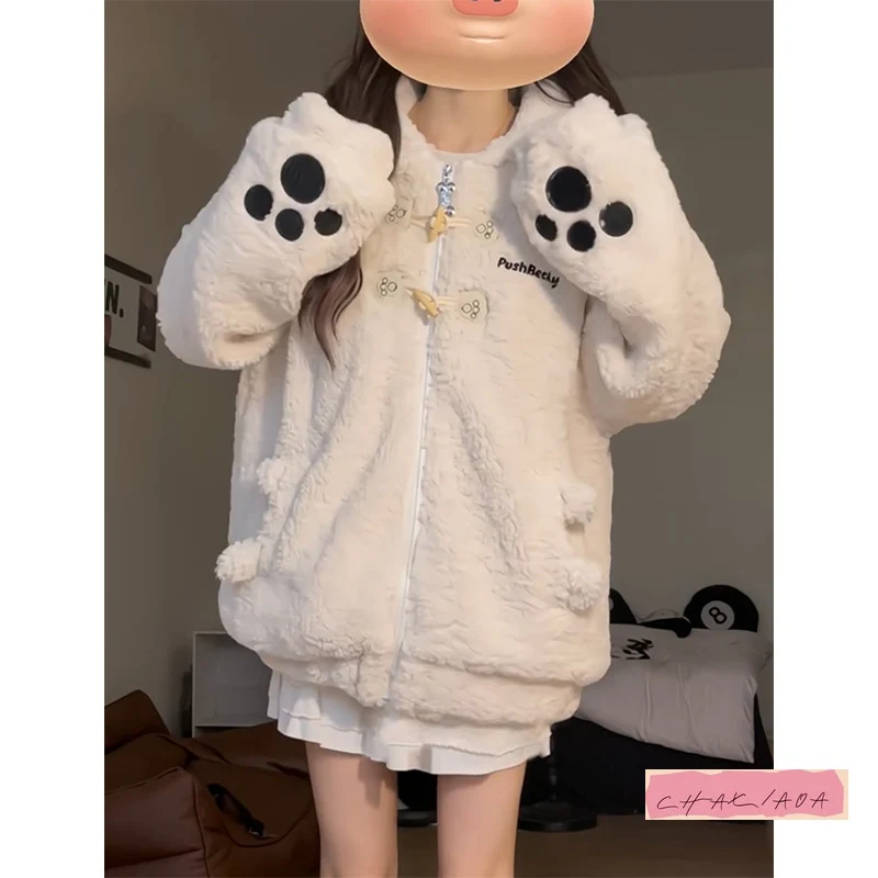 

Harajuku Y2K рог мягкая овечья шерсть зимнее пальто панк повседневная вышивка с капюшоном кроличьи уши хлопковая одежда бархатные теплые женские модели