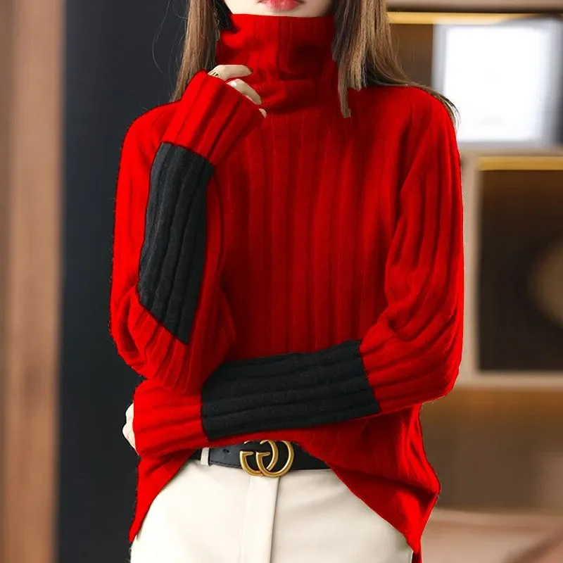 

2023 New Winter Fashion High-end Atmosphere High Collar Loose and Slim Contrast Color Temperament Commuting Women's Warm Sweater