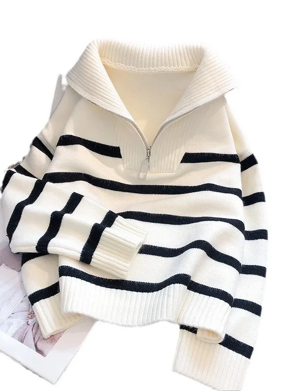 Bluzka damska z zamkiem błyskawicznym, w paski, wkładana przez głowę, codzienna, długa, wygodna, oddychająca, z włókna poliestrowego, modna bluzka.