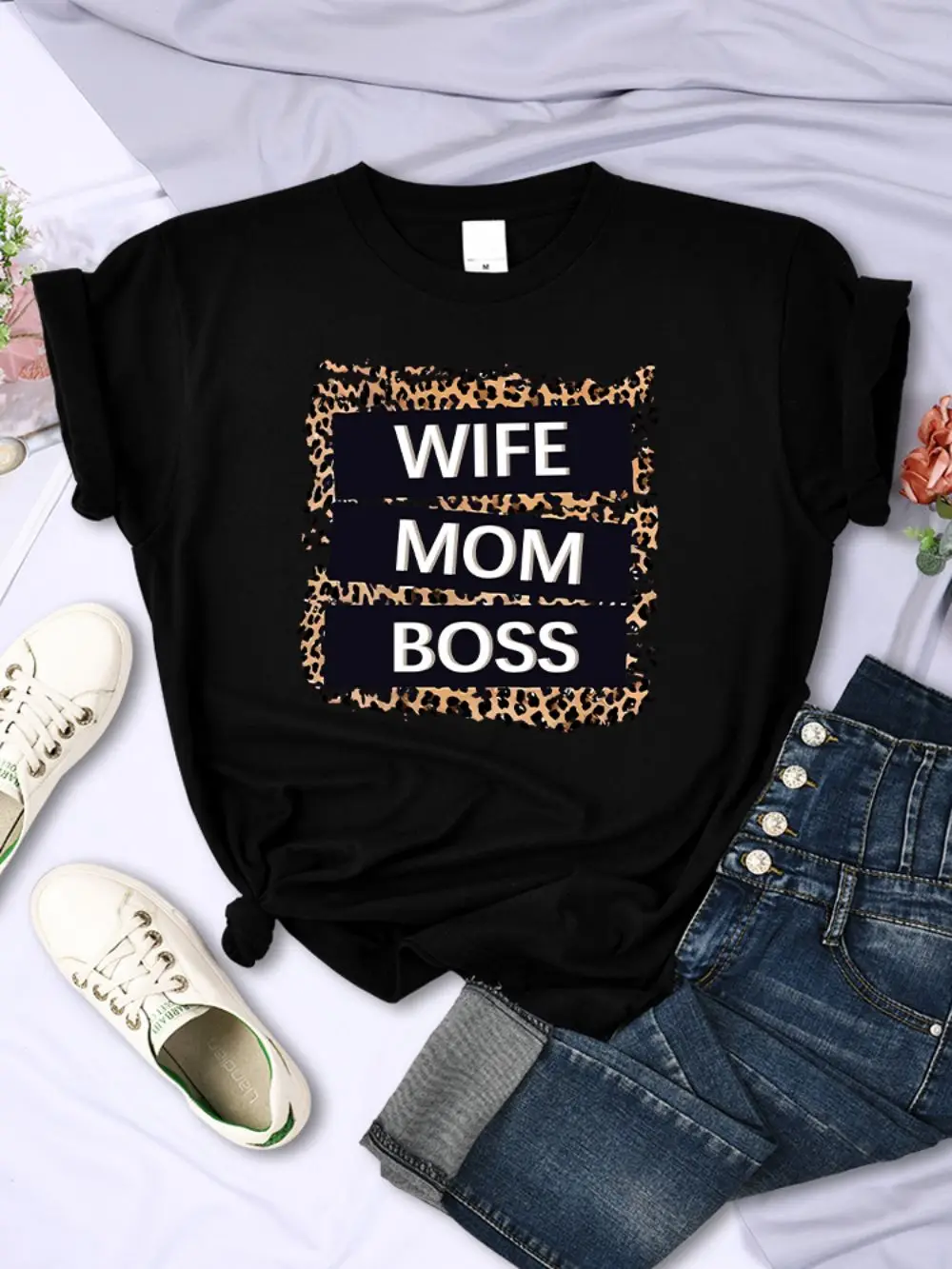 Straße Frau T-Shirts Frau Mama Boss Brief Leopard Drucke T-shirts Weiche Atmungsaktive Oansatz Kurzarm Sommer Casual Weibliche Kleidung – Detail 7