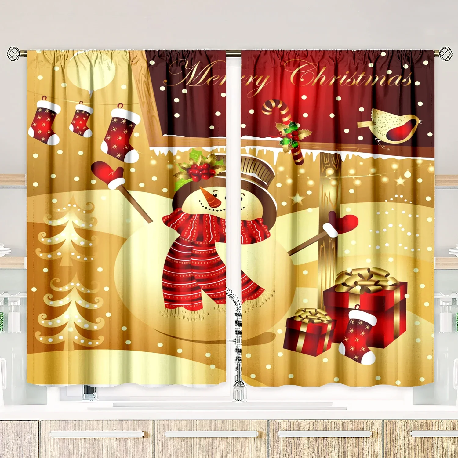 ​Festive Christmas Print Curtains - 2-Piece Polyester Set for Bedroom, Living Room & Study Decor, Holiday Window Treatment​