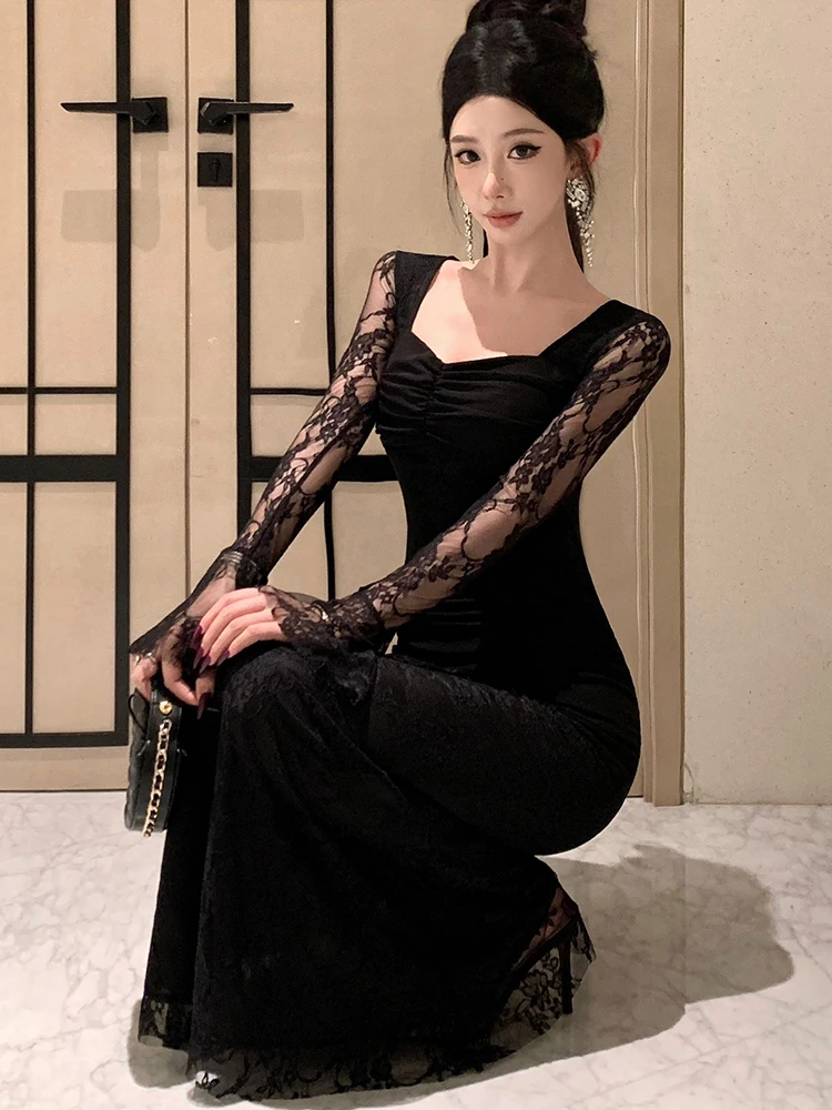 Herfst Winter Zwart Mesh Patchwork Kant Lange Mouw Jurk Vrouwen Chic Vierkante Kraag Sexy Verstoorde Lange Jurk 2024 Koreaanse Vestidos