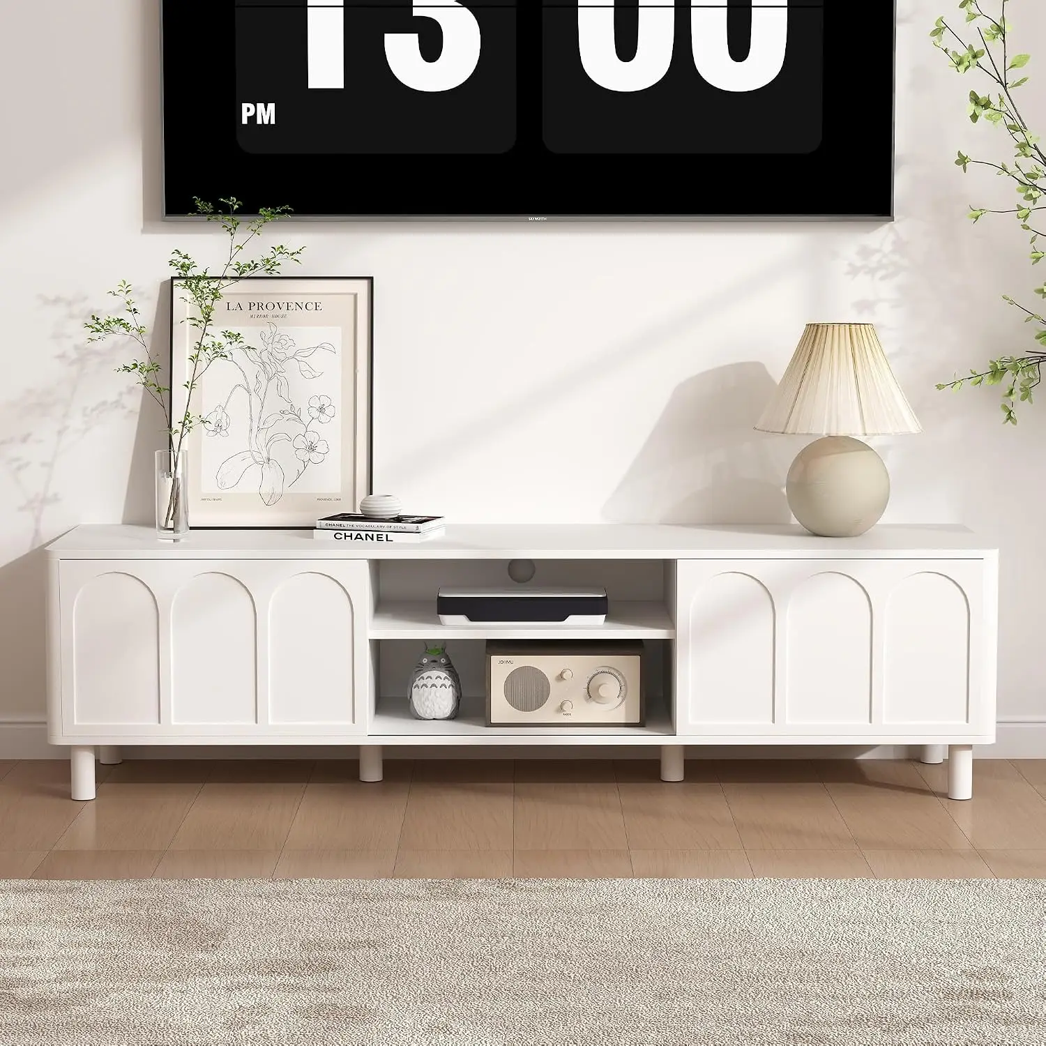 TV Stand Entertainment Center Sliding Doors Adjustable Shelves Storage Living Room Game Consoles White, Customized