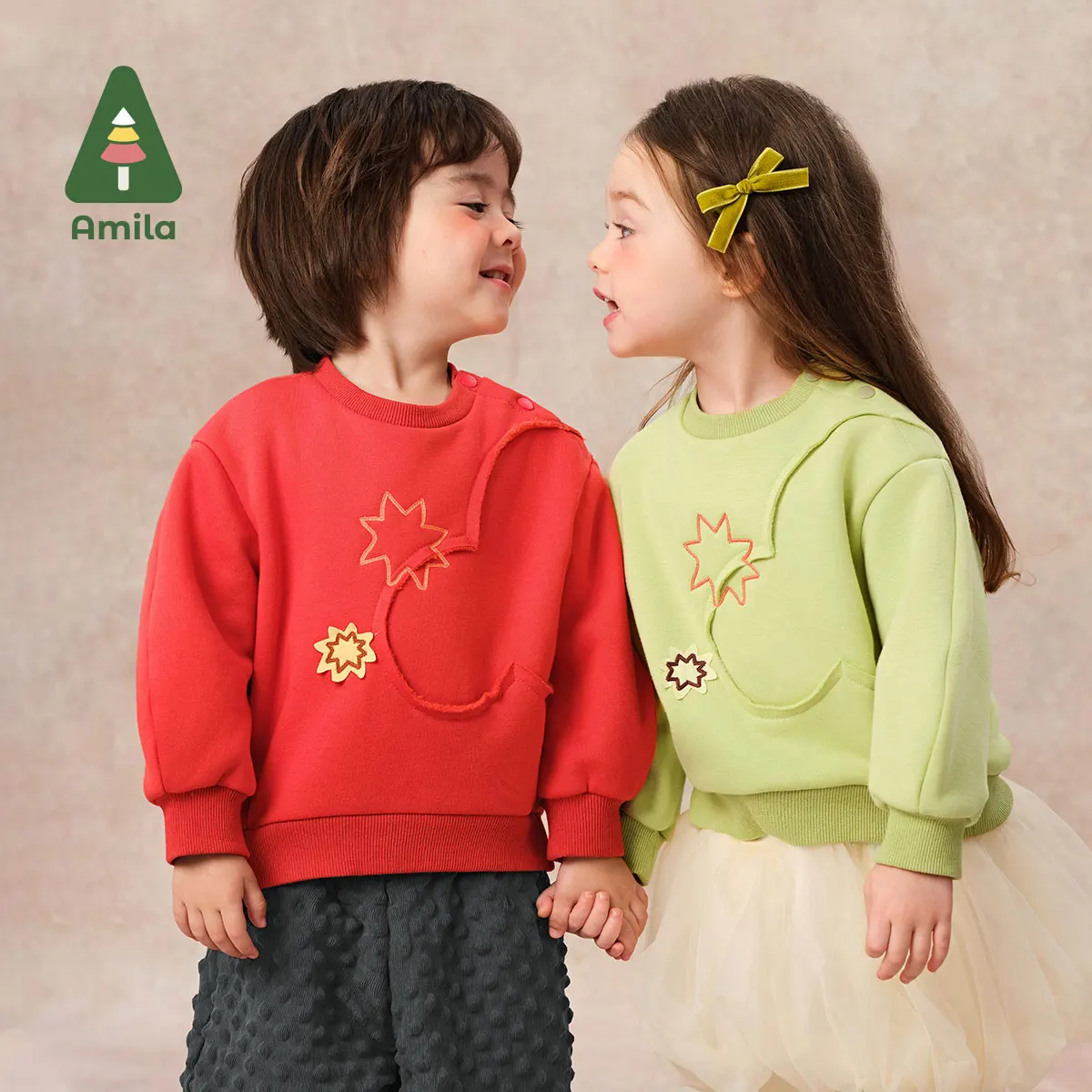 Amila Baby Sweatshirt 2024 New Winter Style For Boys And Girls Festive Chinese Style Plus Velvet Skin-Friendly Parent-Child Wear