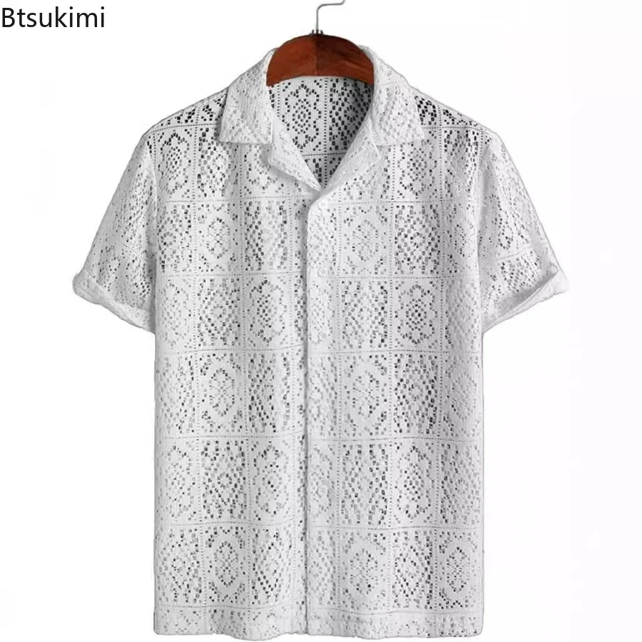 Summer Fashion Men's Lace Hollow Out Shirts Solid Breathable Casual Short-sleeved Cardigan Sexy See Through Mesh Blouse for Male