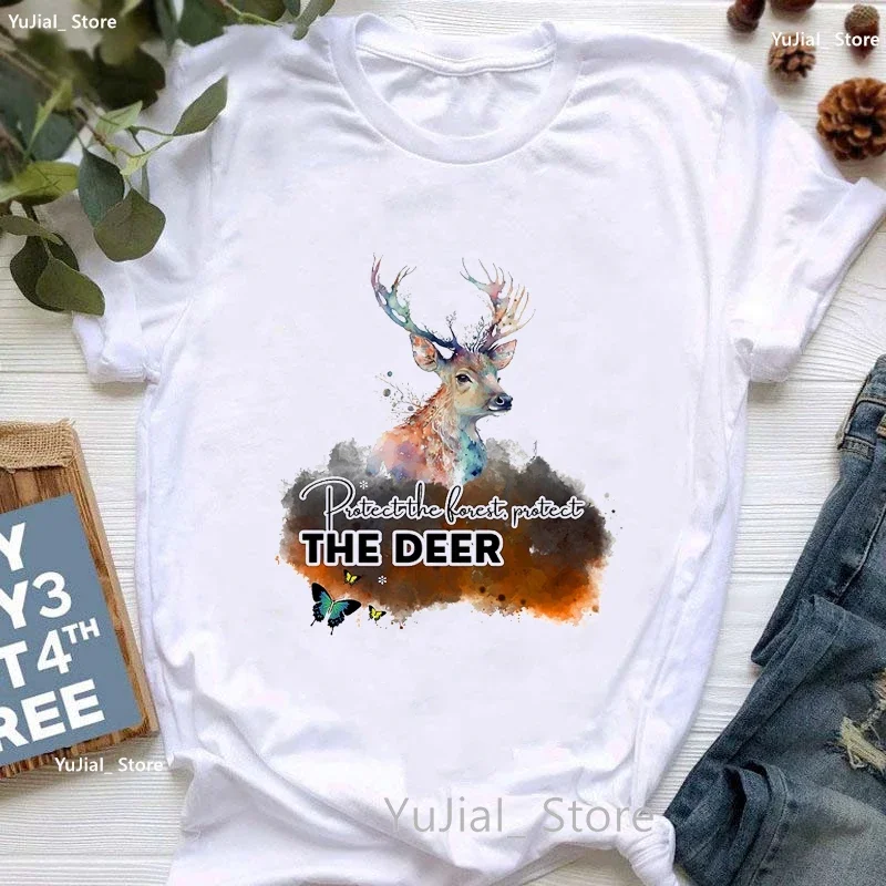 Forest Guardian Deer/Rabbit/Squirrel/Hedgehog/Owl Animal Print Tshirt Women Watercolor Fashion T Shirt Femme Harajuku Shirt