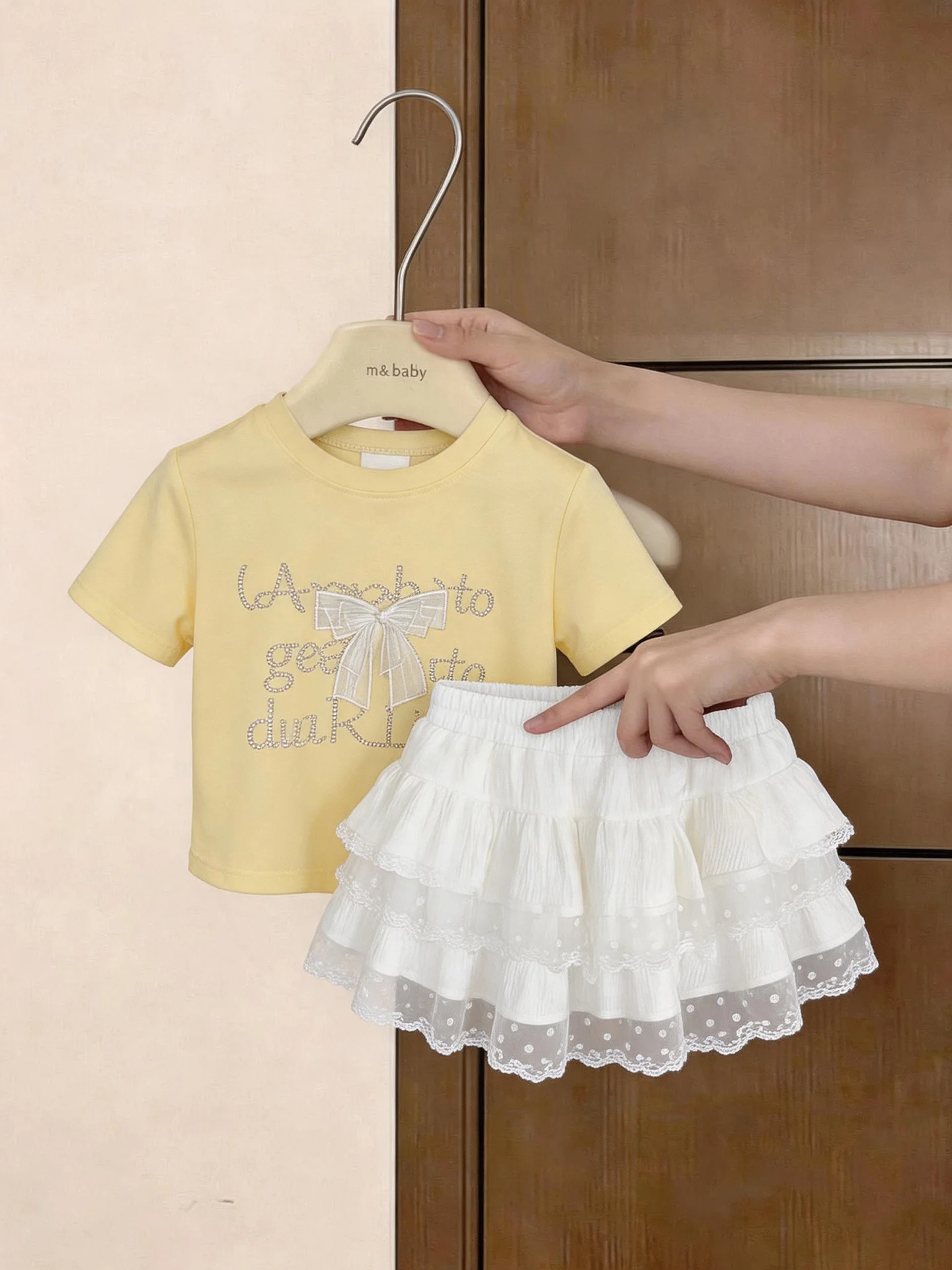 

Princess Style Summer Outfit for Girls with Knot Short Sleeve Lace Skirt Thin Cake Skirt Two Piece Set Sweet Child ...