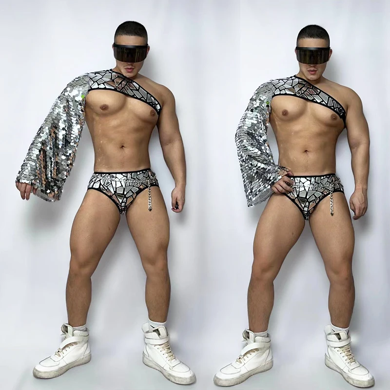 

Mirror Pole Dance Costume For Male Silver Sequins Sleeve Nigtclub Bar Gogo Dancer Clothes Tops Shorts Party Rave Outfit