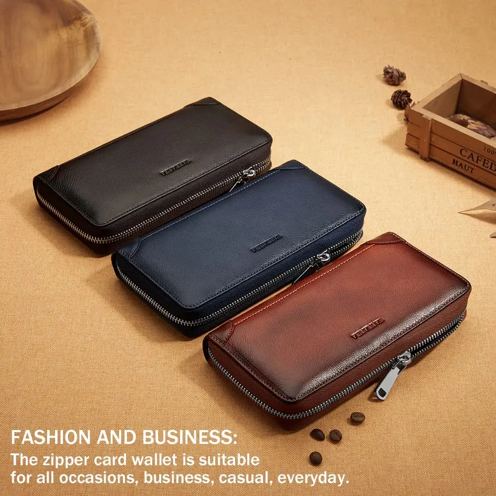 VANNANBA Long Zipper Wallet for Men RFID Blocking Leather Wallet Large Capacity Credit Card Holder with Gift Box(Dark Blue)