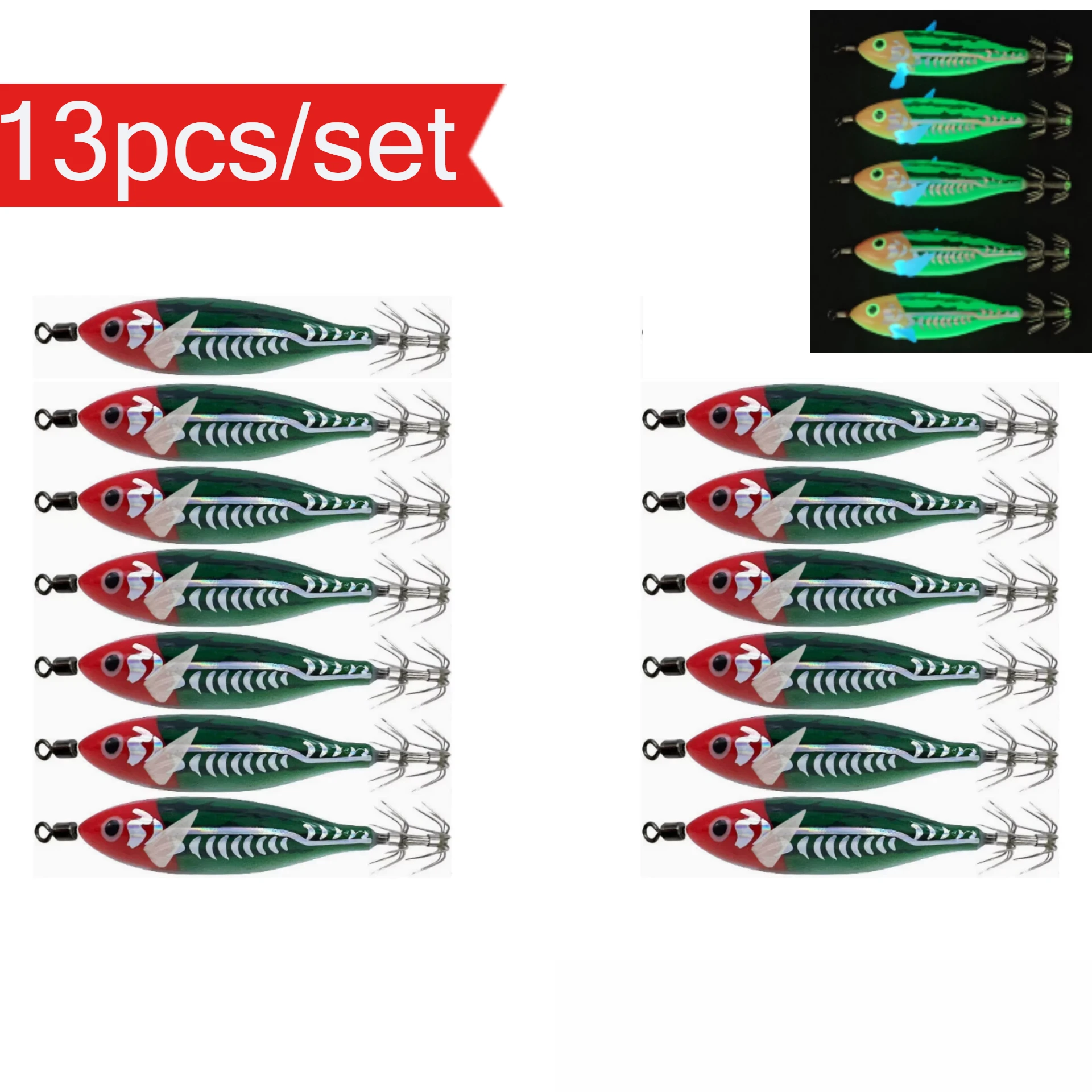 13 Stück/Set 8cm/5,7g Leuchtender Tintenfisch-Jig, Garnelen-Angelköder mit Haken, Meeresfischerei-Zubehör, Künstlicher Köder, Oktopus-Köder