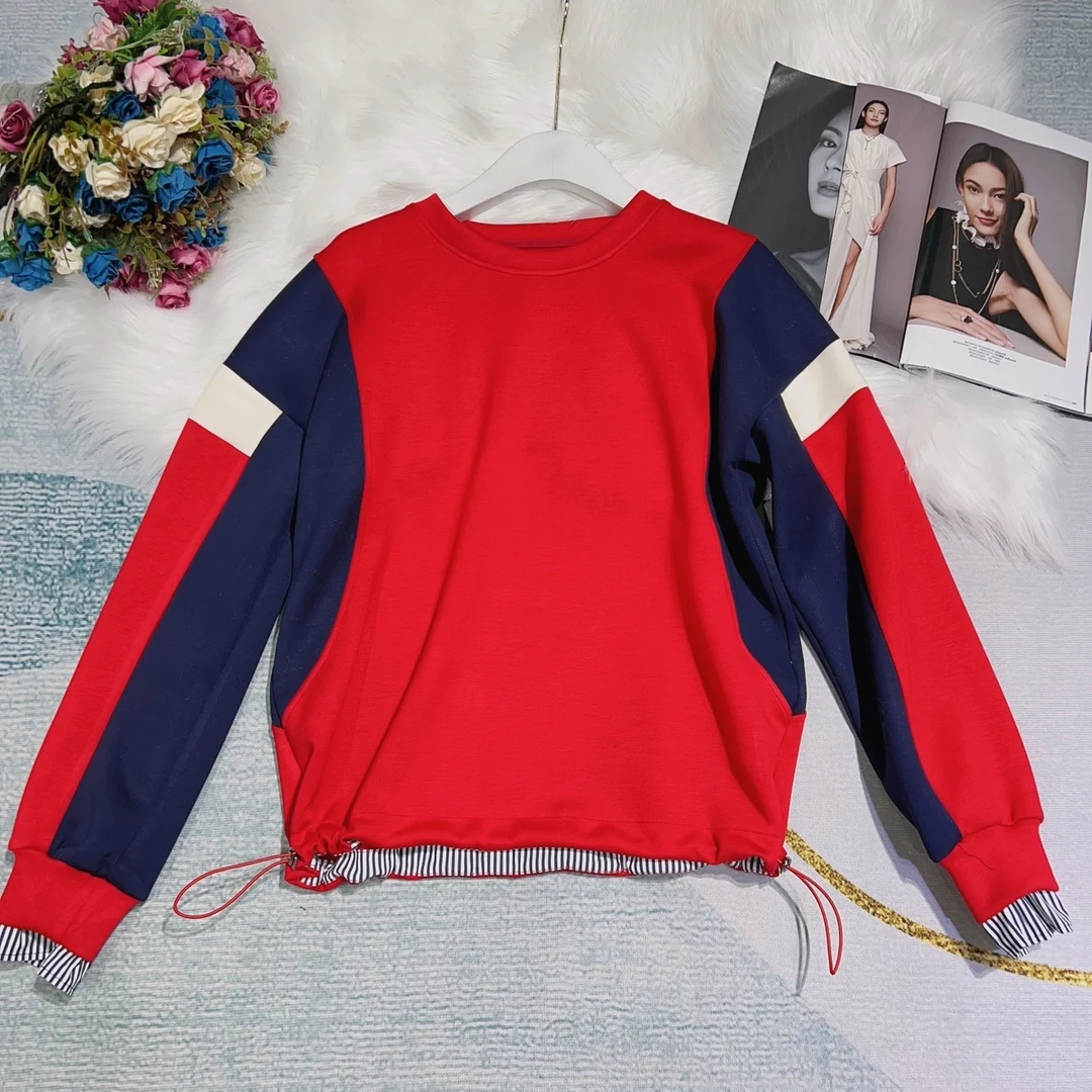 

New and Winter 2023 Autumn Women's Clothing Irregular Color Matching Glutinous Air Drawstring at Hem Loose Sweater 0920