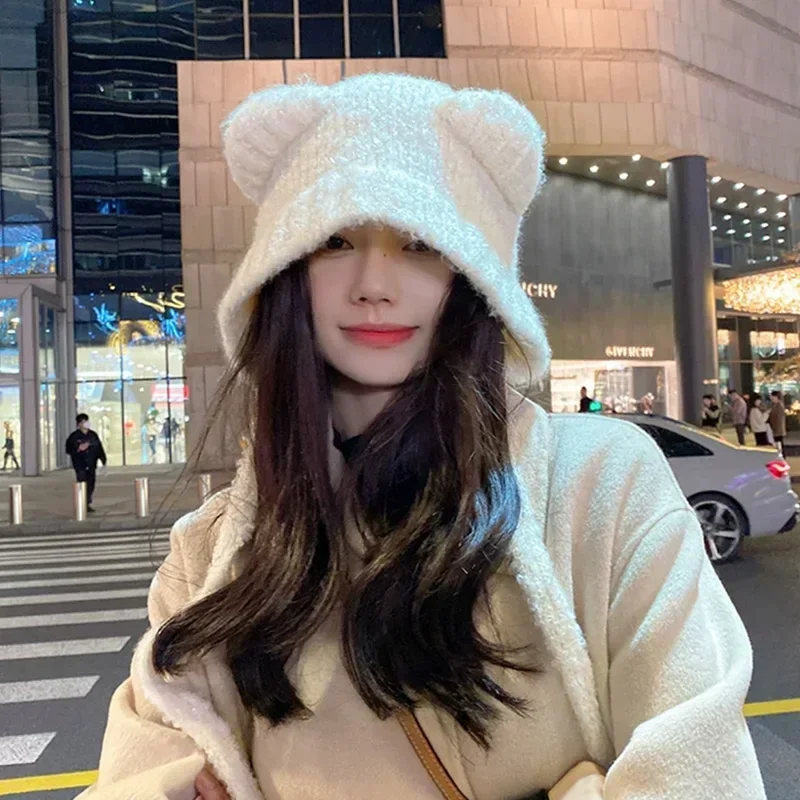 Fashion Women Beanies Caps Winter Warm Cute Bear Ear Hats Casual Plush Hat for Women Girls Earmuff Ear Protection Windproof Caps