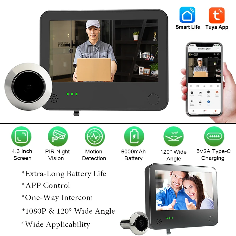 

Умный дверной звонок Tuya с 4,3-дюймовым IPS-дисплеем, видеодомофон, ночное видение, PIR-датчик движения, система домашней безопасности, визуальный дверной звонок