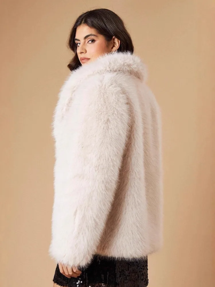 ZMEENNA Chaqueta corta de piel sintética para mujer, cuello de solapa, frente abierto, ropa de abrigo cálida de invierno, moda de felpa, blanco crema ZM4360