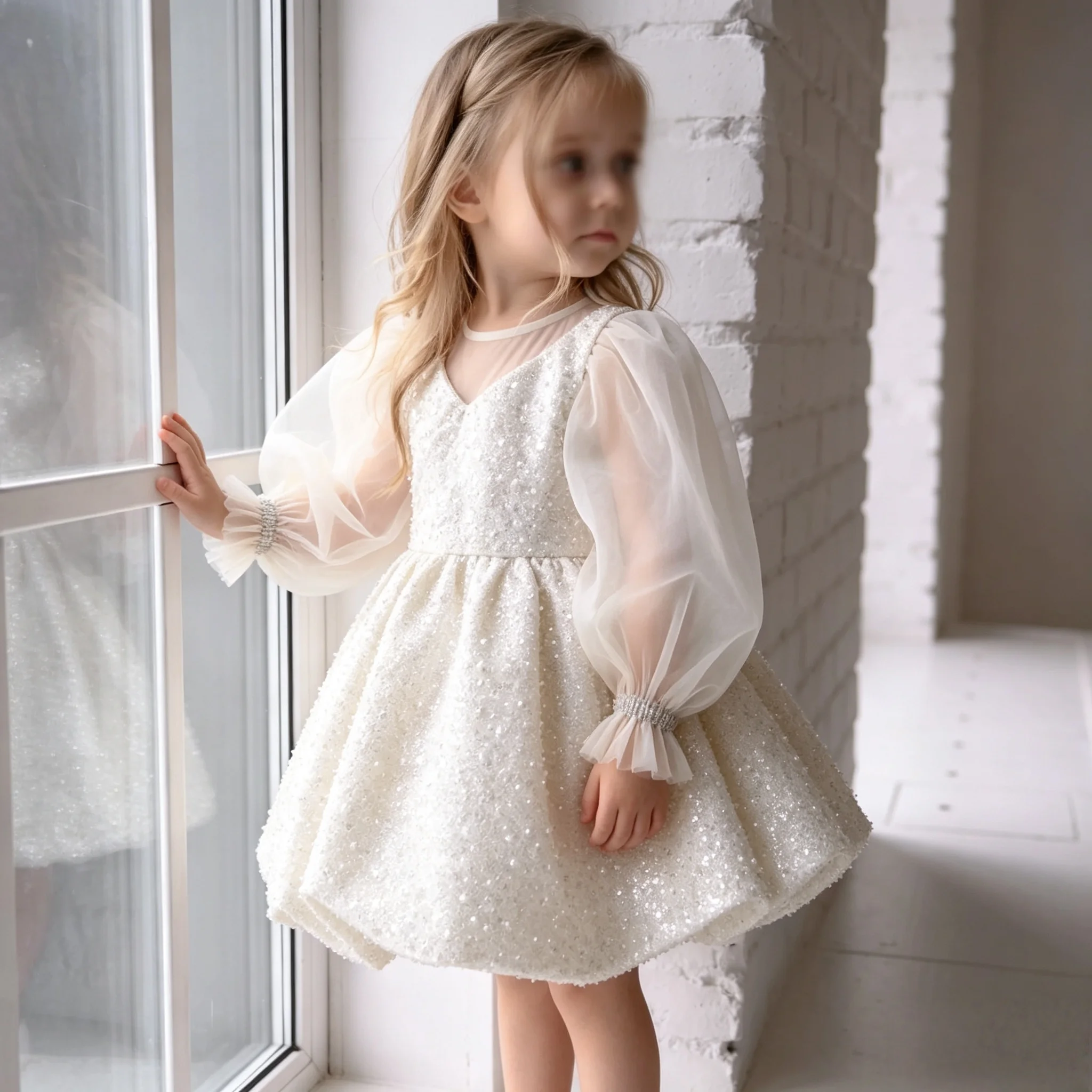 Custom Tulle Puff Sleeve Flower Girl Dress Luxury Sequined Pearl V-neck Pageant Dress Toddler Wedding Communion Christening