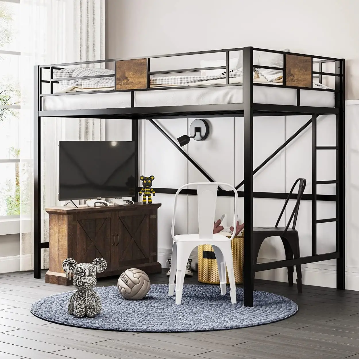Twin Loft Bed with Ladder and Guardrail, Rustic Metal Frame, Space-Saving Furniture for Bedroom or Dorm