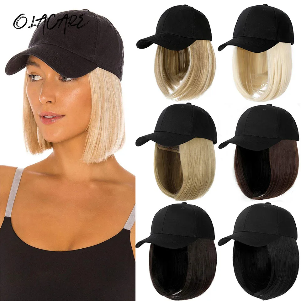 OLACARE Synthetic 6inch Baseball Wig Bob Wig Black Hat Wigs Cap With Hair Naturally Connect Bob Hair Baseball Cap Adjustable