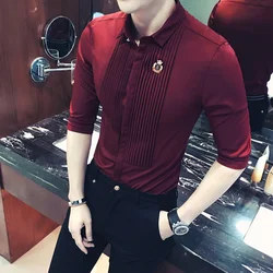 Short Sleeve Mens Dress Shirts 2018 Summer Fashion Camisa Social Masculina Slim Fit Male Shirt Wine Red White  Black