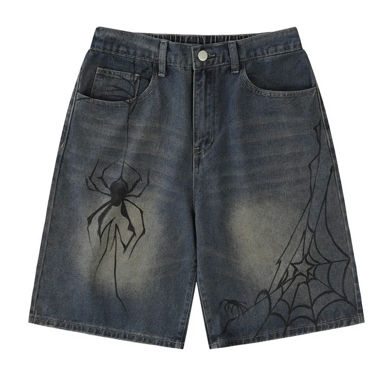 

Hi Street Spider Printed Denim Shorts Hip Hop Vintage Streetwear Jeans Shorts For Male