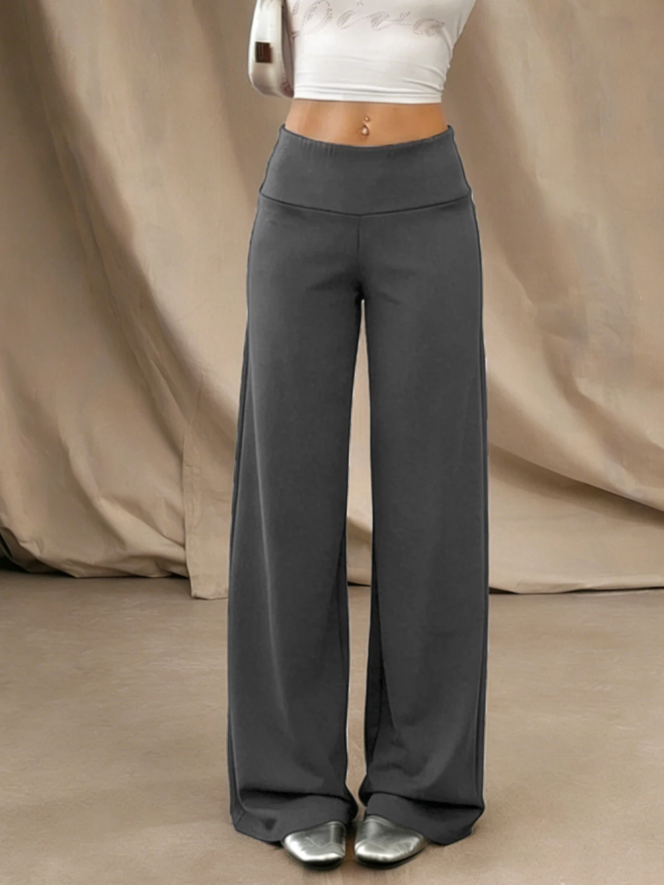 A Pair Of Women's Stylish High-waist Wide-leg Pants Suitable For Casual Sports And Office Wear Standard Size Gray Stretch Pants