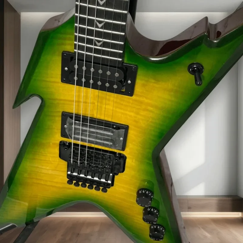 Performance Hot Sales 6 String Shape Guitar Flamed Maple Top Green Yellow Gradient Double Lock Tremolo Beginner Unisex Guitar