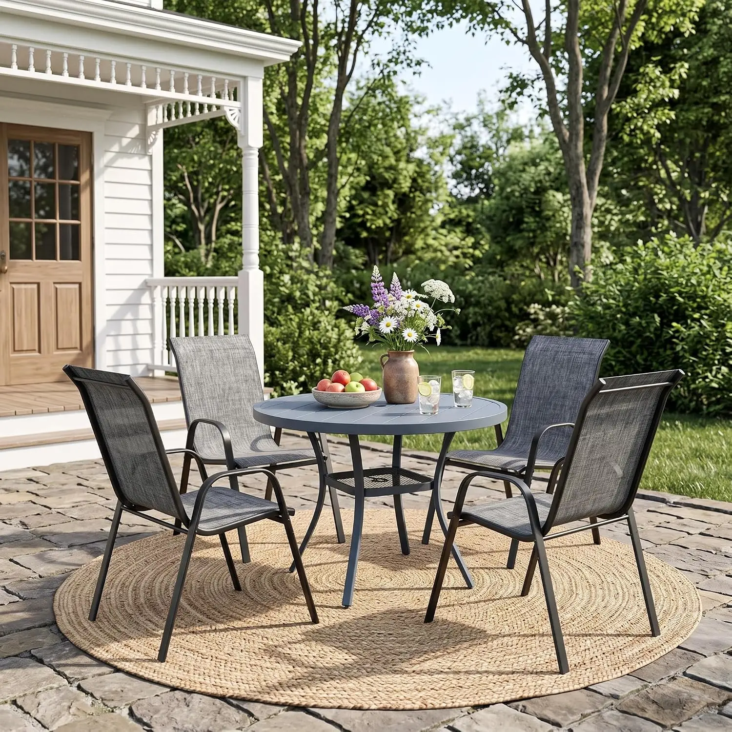 5 Pieces Patio Dining Set Round Outdoor Table & Chairs Garden Furniture Metal Frame, Customized