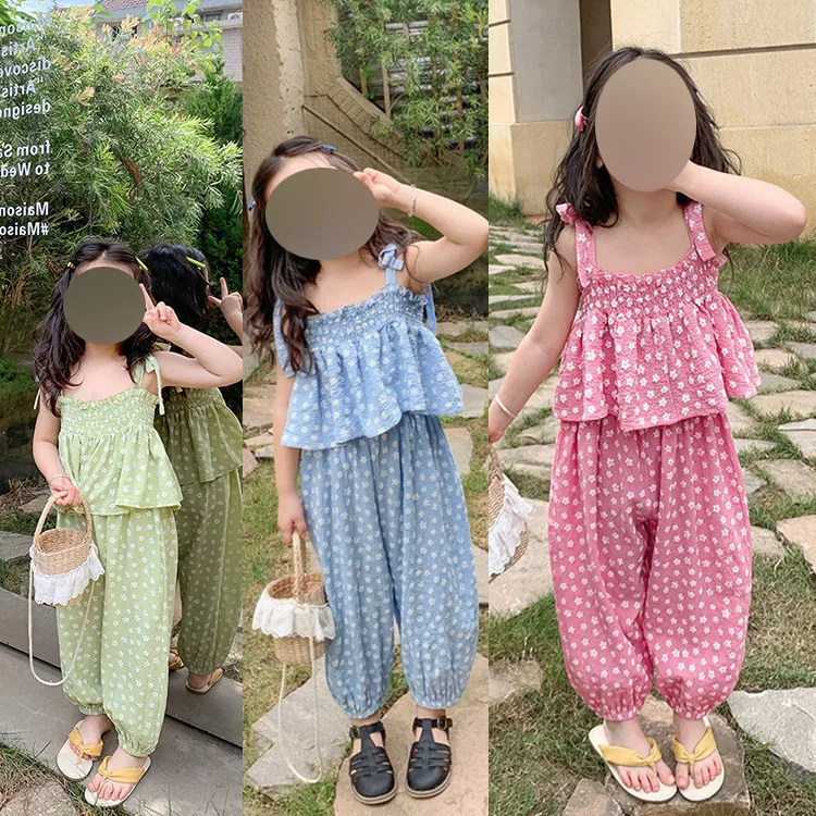 Children's Floral Set, Summer Girls' Suspender Top, Mosquito-proof Pants, Two-piece Set, Children's Clothing Aged 3-8